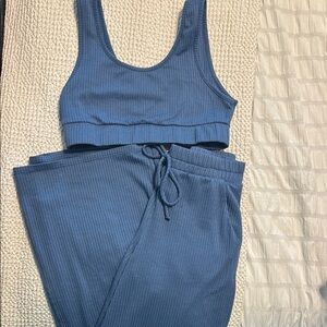 Blue Ribbed Tank and Wide-Leg Jogger Set
